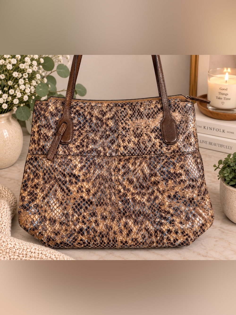 HOBO International Snakeskin Print Leather Tote Shoulder Bag Brown Tan